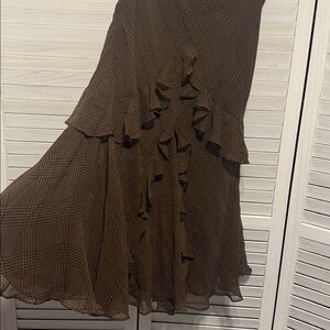 Ralph Lauren Plaid Asymmetrical Silk Brown Skirt. Small